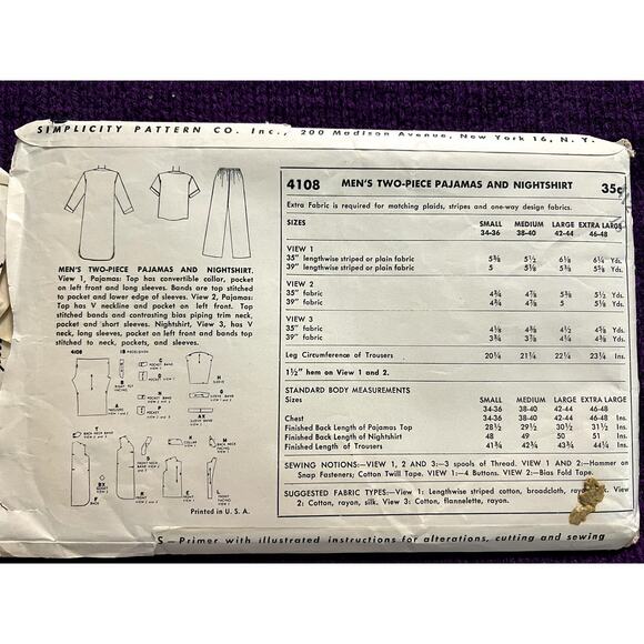 Simplicity 4108 Mens pajamas night shirt pattern - Picture 3 of 5